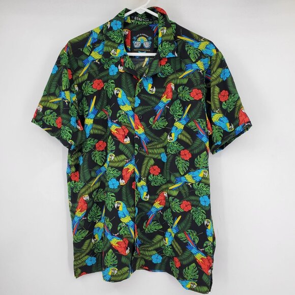Good Vibes Drill Clothing Co Stretch Multicolor Parrot Hawaiian Button Shirt Lar - Picture 1 of 9